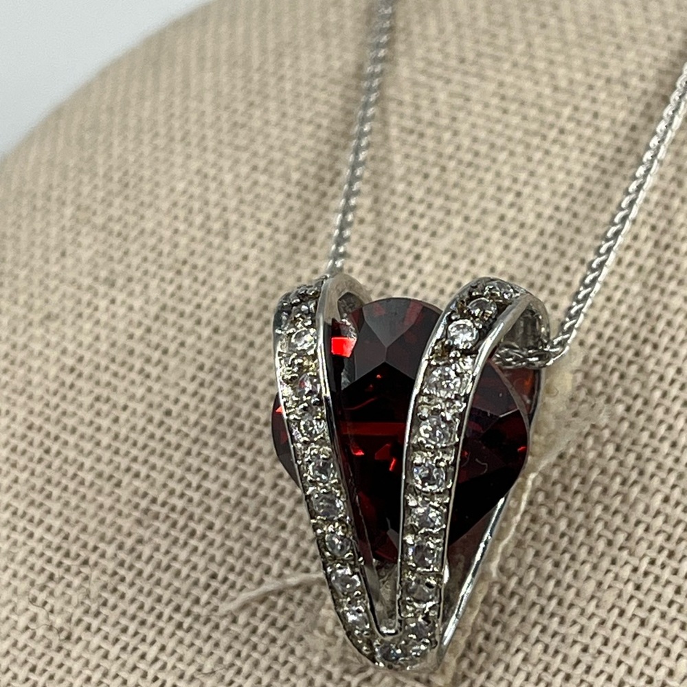 14K White Gold Chain w/ Sterling Silver Garnet Heart Pendant – 18" - Picture 4 of 16